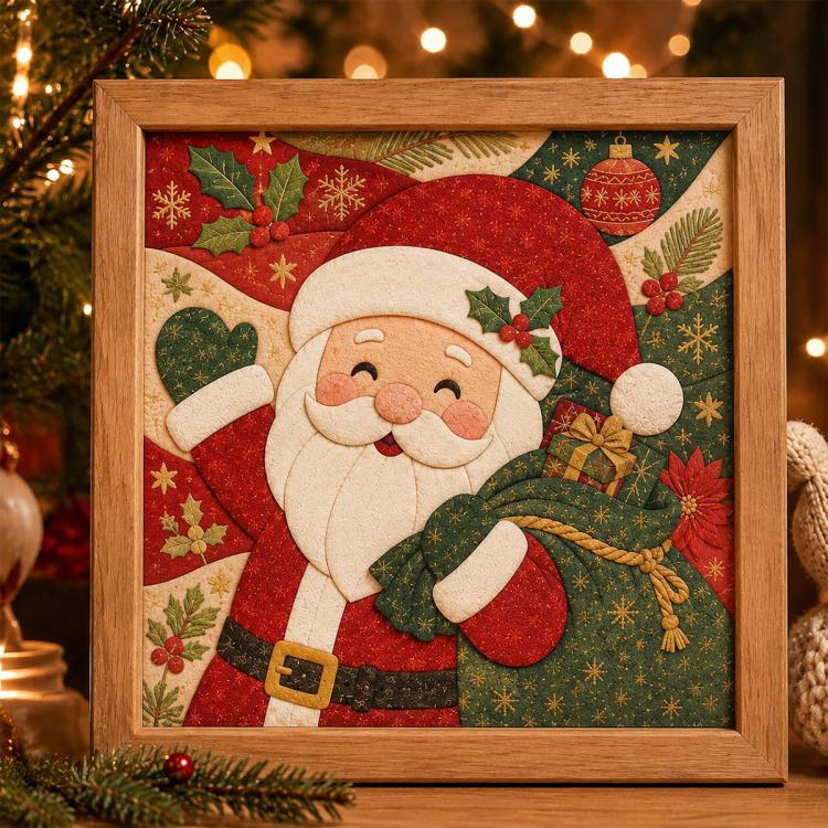 Framed Christmas fabric art kit featuring a Santa holding garland with decorative holly