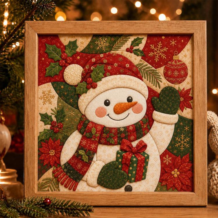 Framed Christmas fabric art kit featuring a smiling snowman holding a gift and scarf