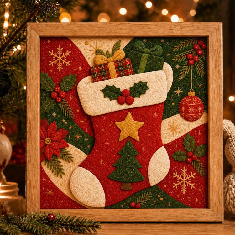 Framed Christmas fabric art kit featuring a large Christmas stocking with holly and stars