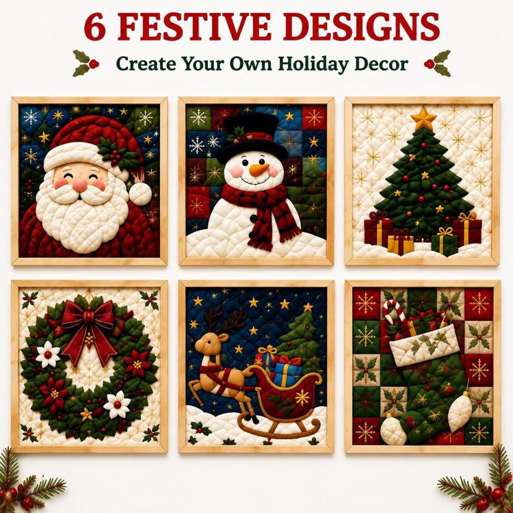Framed 3D Christmas fabric art set with six festive designs, holiday wall decor
