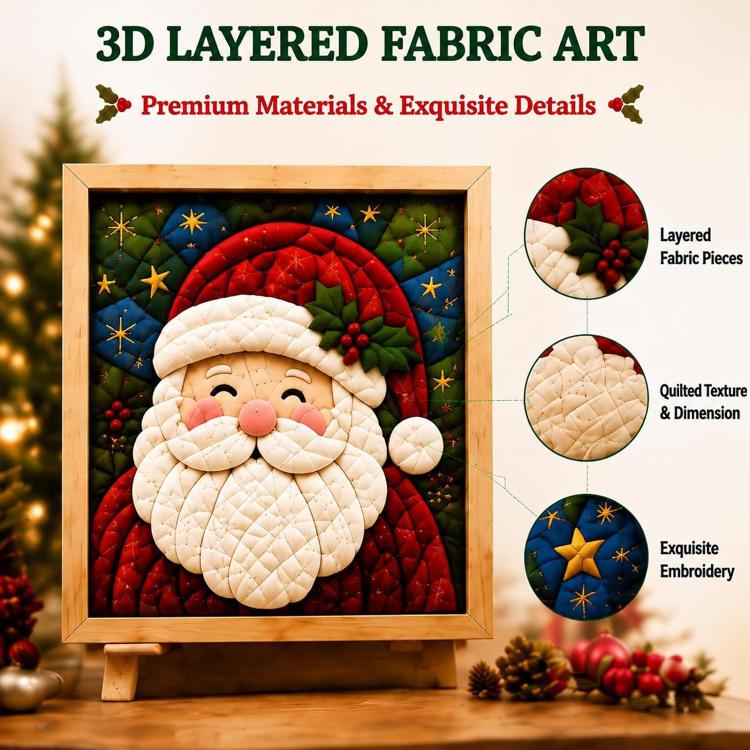 Framed layered fabric art with smiling Santa face, quilted texture and 3D details