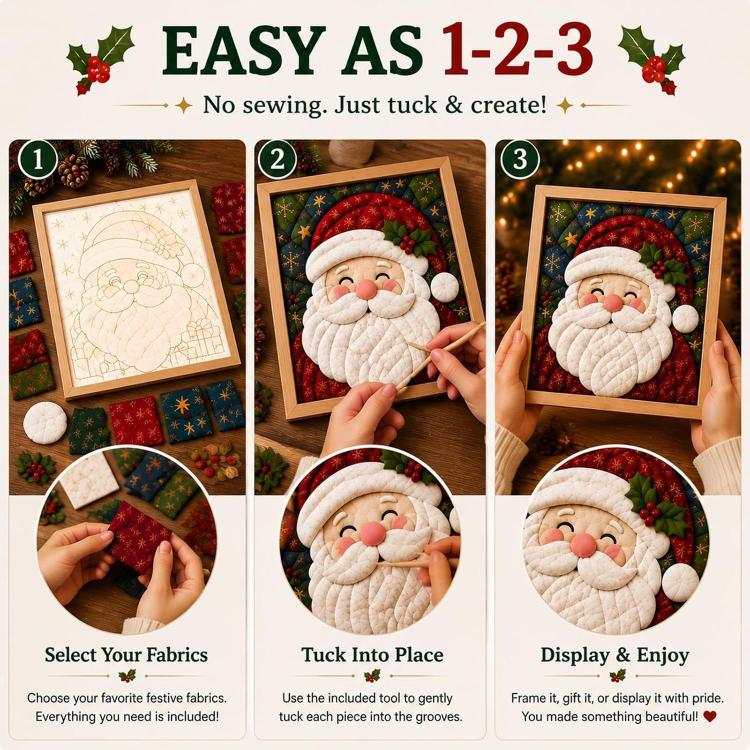 DIY Christmas fabric art kit steps: select fabrics, tuck pieces, display framed artwork