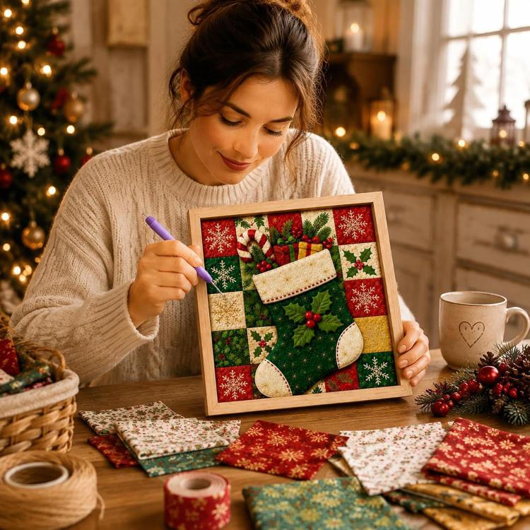 Person holding framed Christmas fabric art, adding fabric pieces with a purple tool