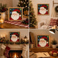 Multiple framed Christmas fabric art designs placed on mantel, shelves, and tabletop