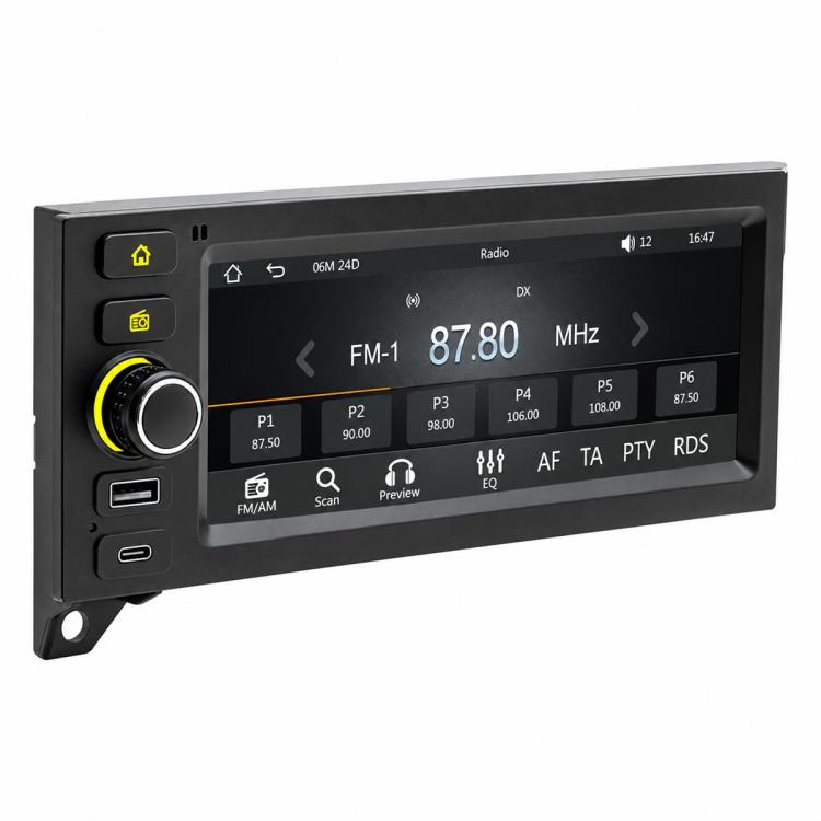 Car MP5 player head unit with large touchscreen showing FM radio interface