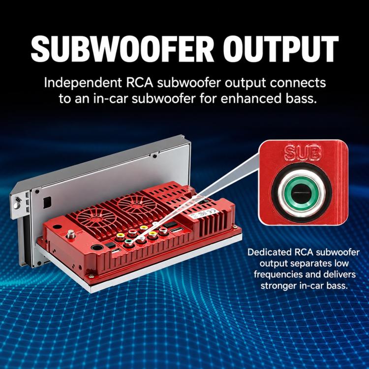 Car MP5 player subwoofer output module with dedicated RCA subwoofer port
