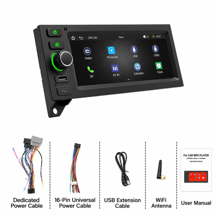 Car MP5 player head unit with included wiring harnesses, USB cable, and WiFi antenna