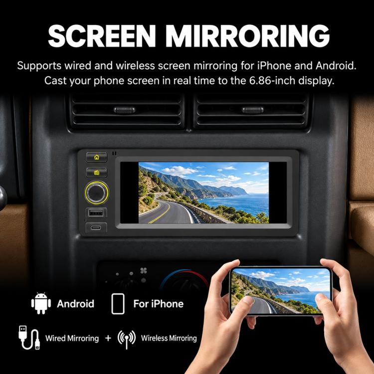 Car stereo screen mirroring display with phone connected for casting preview