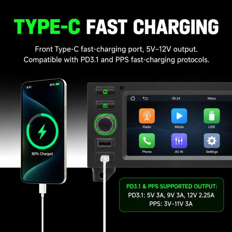 Car MP5 player with Type-C fast charging port and illuminated touchscreen