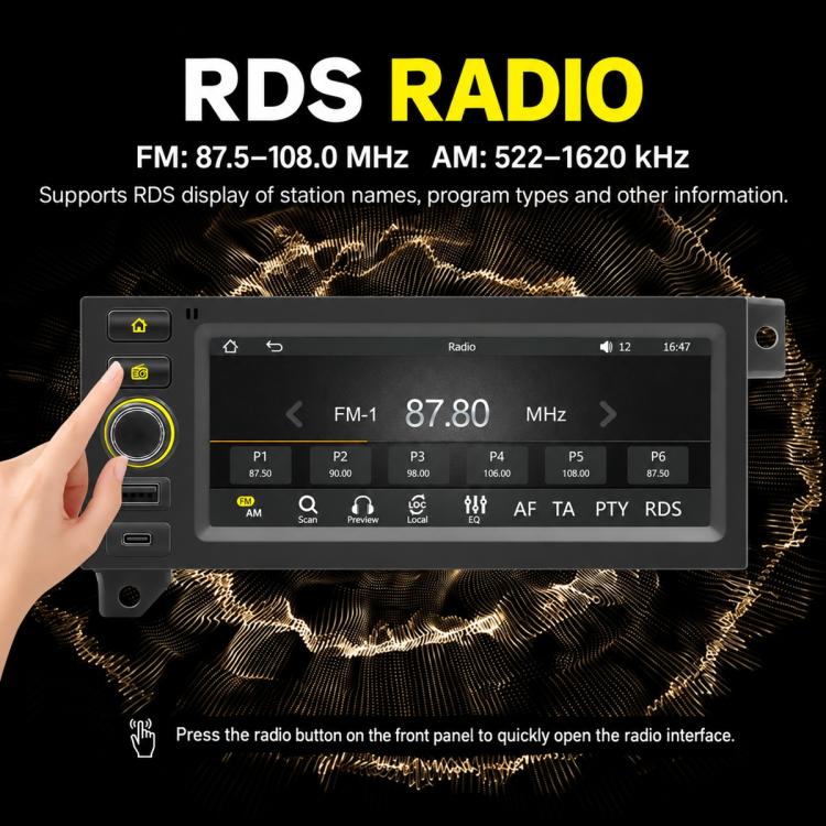 Car MP5 player head unit with touchscreen showing RDS radio frequency 87.80 MHz