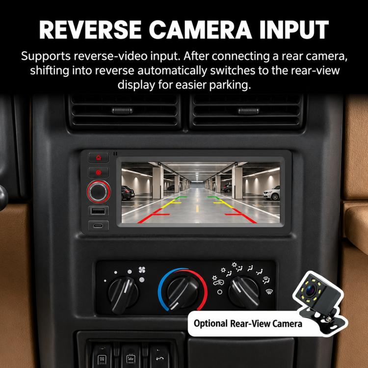 Car stereo with reverse camera input showing parking view on touchscreen