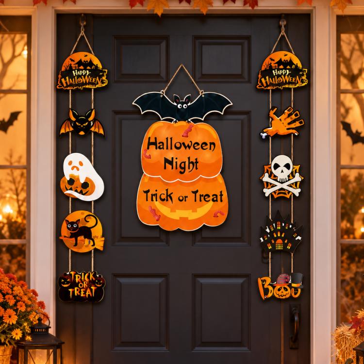 Halloween door hanging decoration set with pumpkin, cat, bat, ghost and Trick-or-Treat signs.