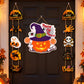 Halloween door hanging decoration set with witch, pumpkin, skull and bats on garland pieces.