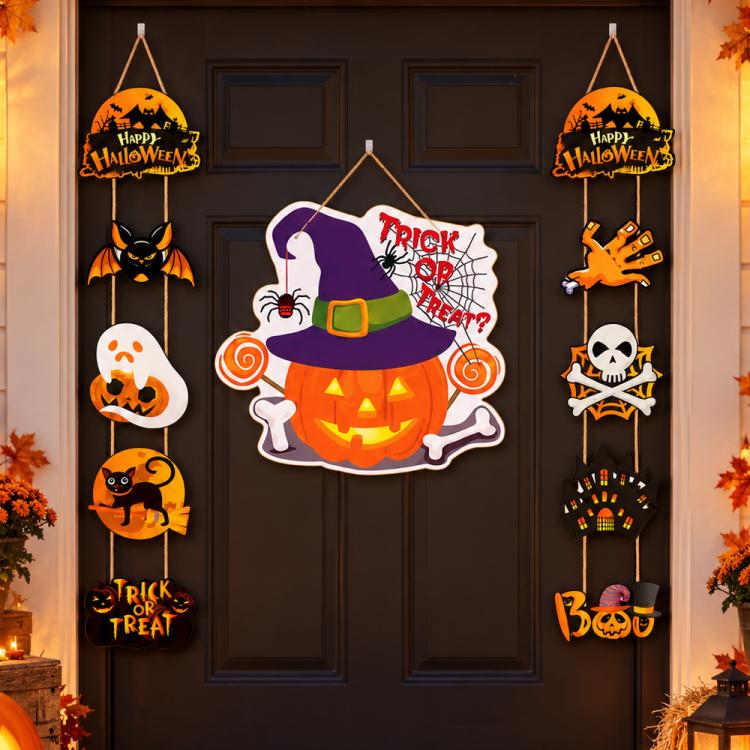 Halloween door hanging decoration set with witch, pumpkin, skull and bats on garland pieces.