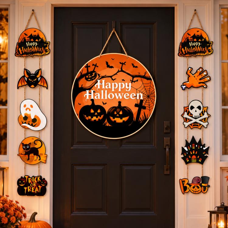 Halloween door hanging decor set with round pumpkin, bats, witch, ghost and skull cutouts.