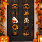 Halloween door hanging decoration set with bat, ghost, cat, skull and Trick-or-Treat symbols.