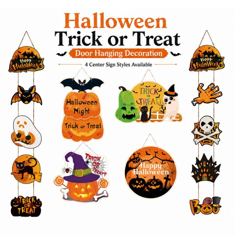Halloween door hanging decoration kit set layout showing 4 styles of hanging cutouts.