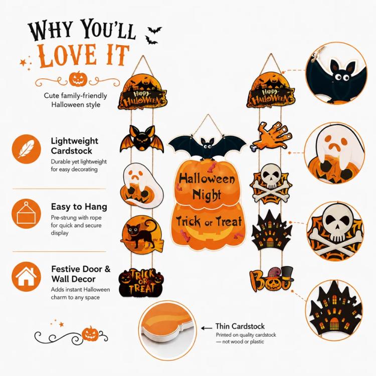 Halloween door decoration set with hanging cutouts and icons for easy hanging instructions.