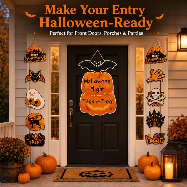 Halloween door hanging decoration set with witch bat top and Trick-or-Treat pumpkin centerpiece.