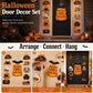 Halloween door decor set infographic showing hanging steps for trick-or-treat cutouts.
