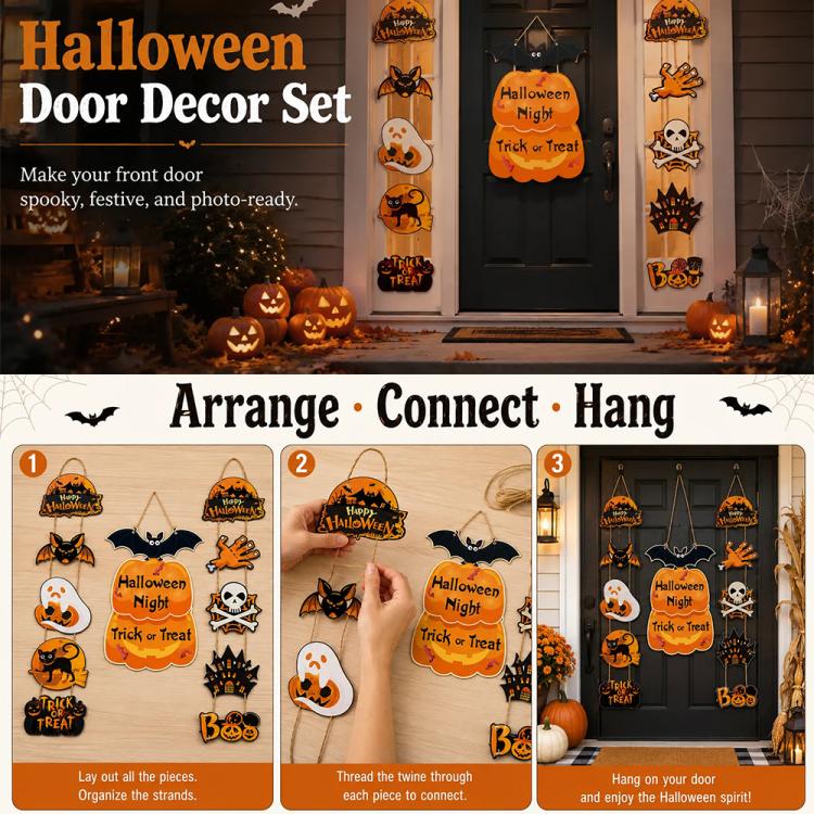 Halloween door decor set infographic showing hanging steps for trick-or-treat cutouts.