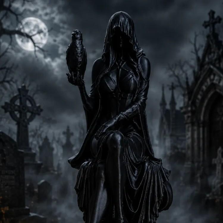 Black raven goddess desktop ornament: hooded robe with flowing skirt and raised hand
