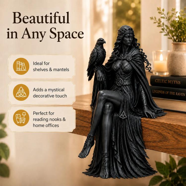 Black raven goddess desktop ornament: standing hooded figure with raven, ornate flowing robe
