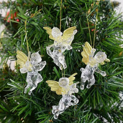 Glittery crystal-look angel pendants with gold wings, 4-pack hanging ornaments