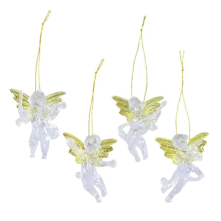 Four hanging angel pendants with gold wing accents and clear glittery detailing