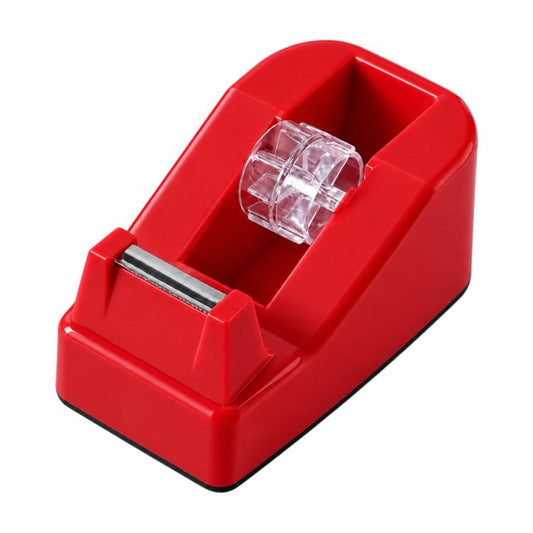 Red plastic tape cutter dispenser with clear cutting head and metal blade