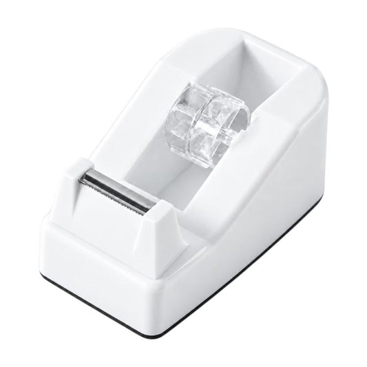 White plastic tape cutter dispenser with clear cutting head and metal blade