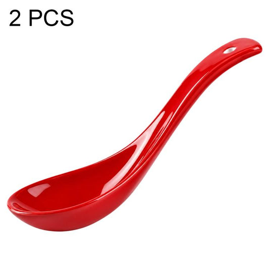 Red long-handled ramen spoon, glossy curved ladle style