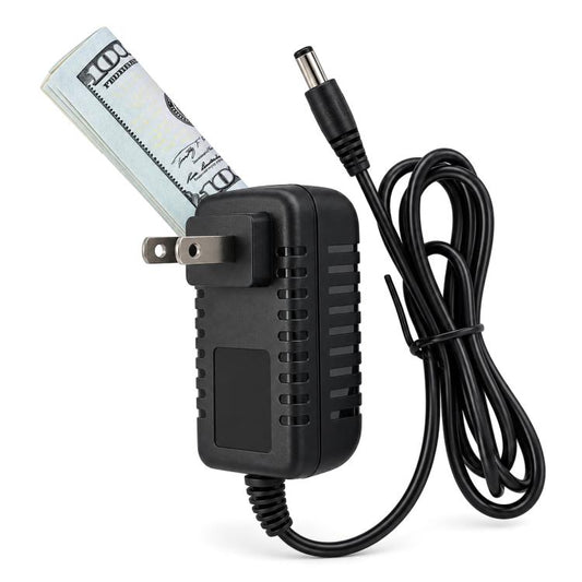 Black power adapter with EU plug, cable, and open hidden storage compartment