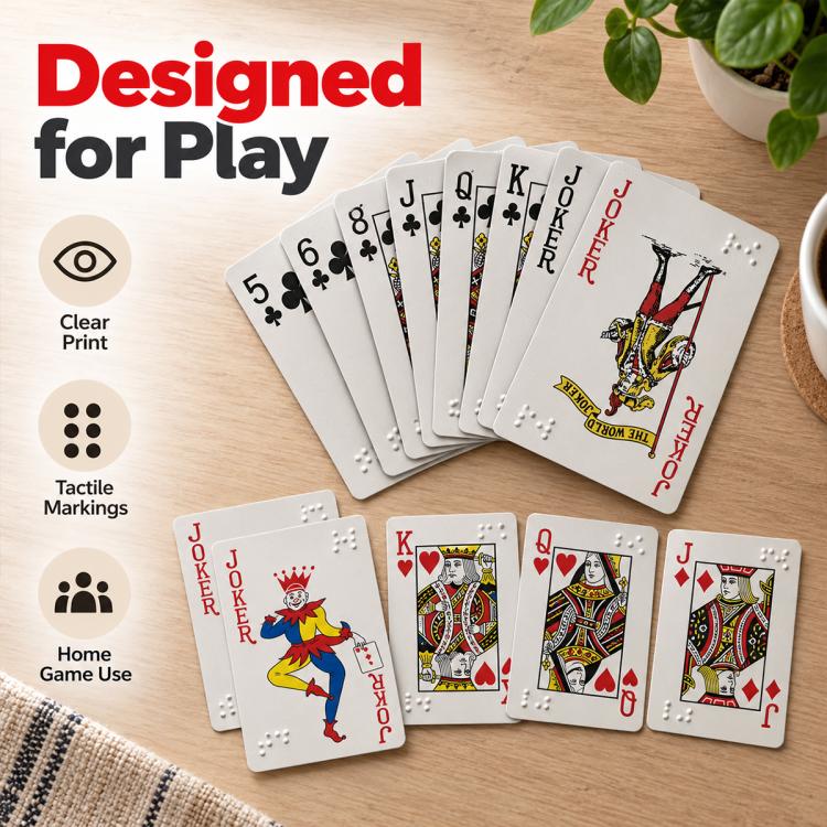 Fan of gray plastic cards with red/black suits and tactile braille dot markings