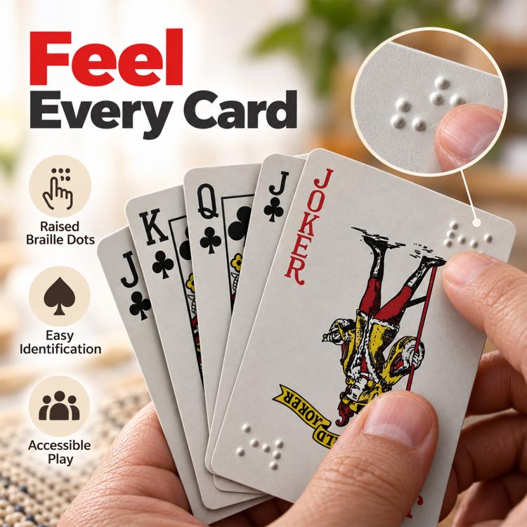 Close-up of gray playing cards showing raised braille dots and red/black Joker face
