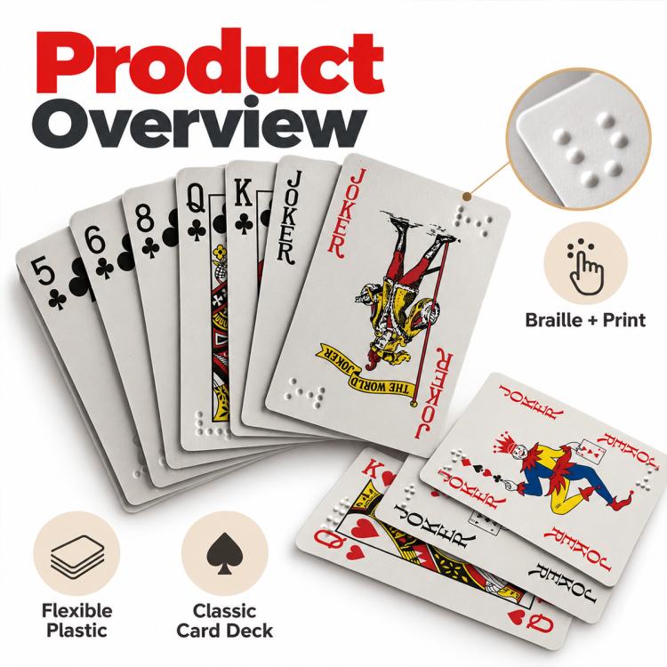 Plastic playing card deck with raised braille dot markings and red/black card faces