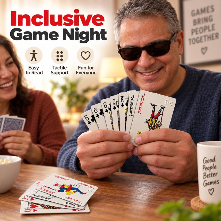 Hands holding gray plastic playing cards with red/black faces and raised braille dots