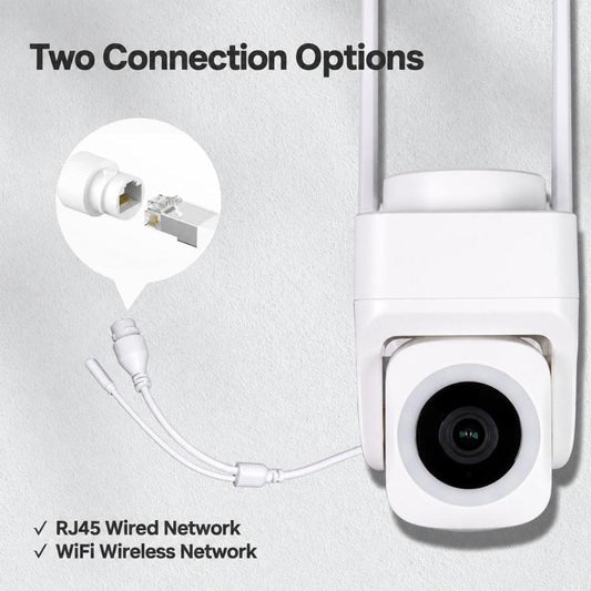 White security camera with dual antennas and RJ45/WiFi connection cables