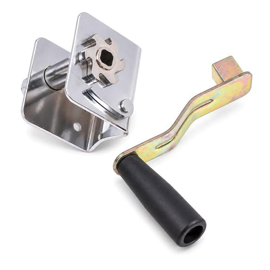 Metal net cable tensioner with hand crank, black rubber grip, and steel rope winder bracket