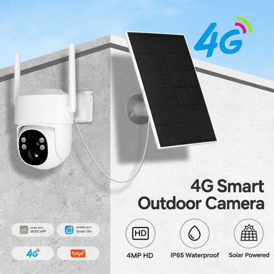 Outdoor security camera mounted on wall with solar panel, showing 2.4G/4G signal icon