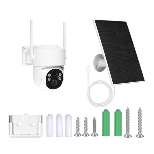Outdoor security camera with dual antennas, solar panel, and mounting accessory kit