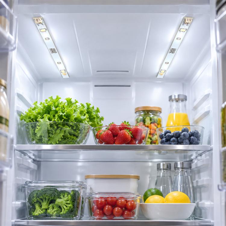 Refrigerator interior LED light strip with multiple white LED segments