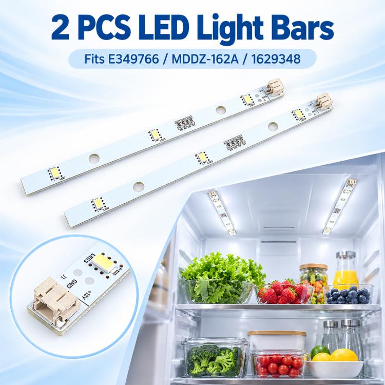 Two refrigerator LED light bars, white PCB with small connector plugs