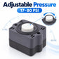 Compact diaphragm pump pressure switch with dark housing and white top control button.