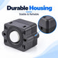 Diaphragm water pump pressure switch replacement, side view of dark housing and white knob.