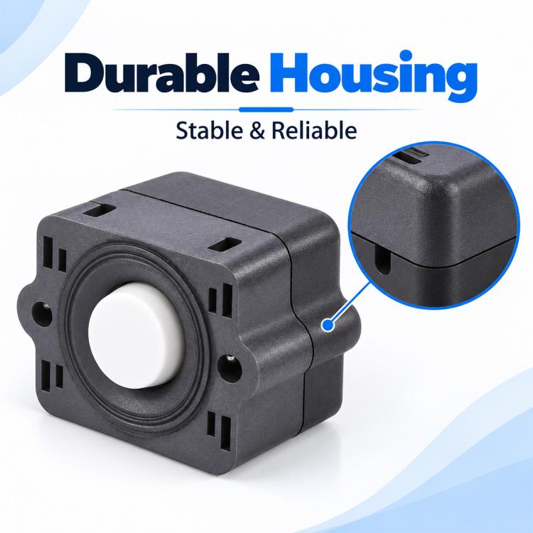 Diaphragm water pump pressure switch replacement, side view of dark housing and white knob.