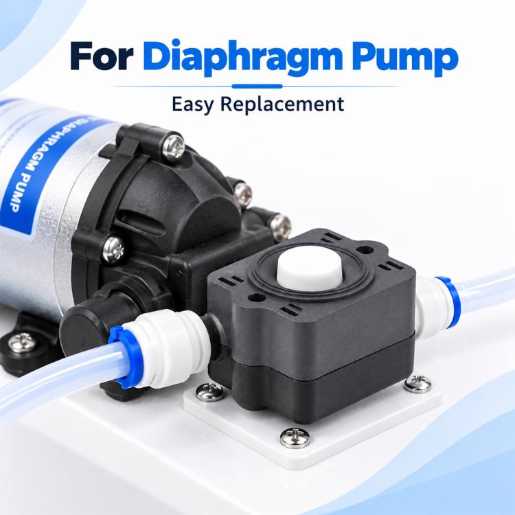 Diaphragm pump pressure switch mounted on pump body with blue inlet/outlet fittings.