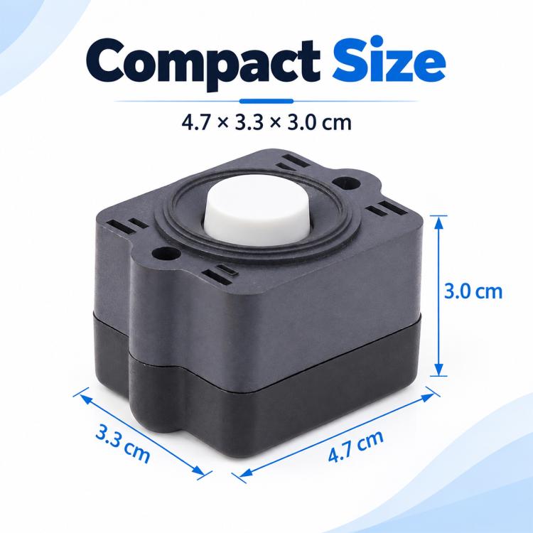 Compact diaphragm pump pressure switch with dark casing and white control knob on top.