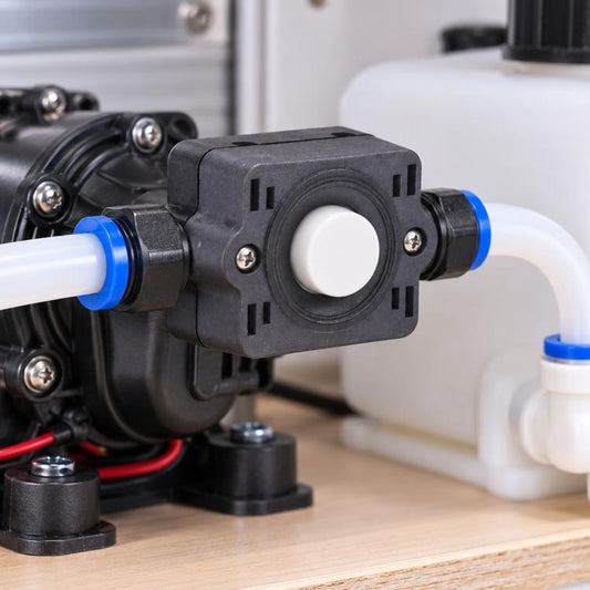 Diaphragm water pump pressure switch with black housing and white control knob, close-up.