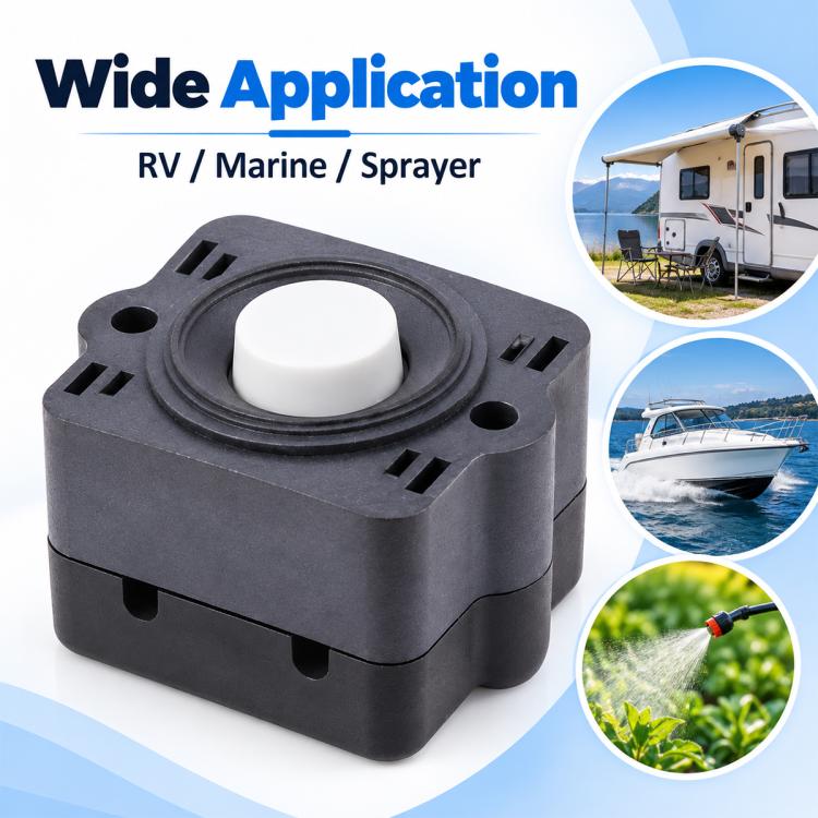 Diaphragm water pump pressure switch with dark rectangular housing and white top knob.